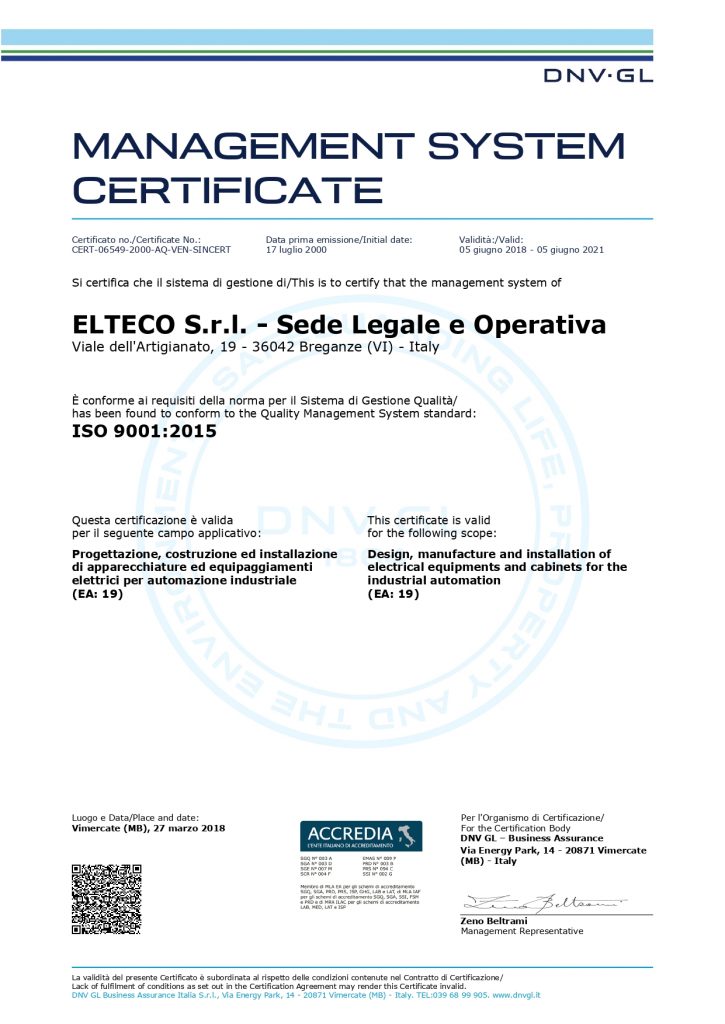 Certificato UNI Certificato UNI ISO 9001:2015 di Elteco
